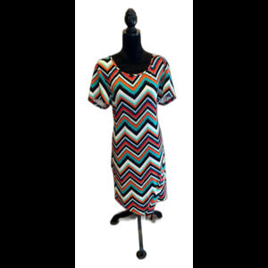 Bobbie Brooks Chevron Dress Size 1X Turquoise Orange Stretchy Flare Hemline